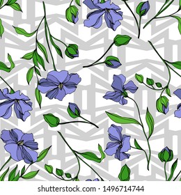 Vector Flax floral botanical flowers. Wild spring leaf wildflower isolated. Black and white engraved ink art. Seamless background pattern. Fabric wallpaper print texture.