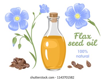 Vector flax seed oil concept. Flat illustration isolated on white background. Flex flower, seed and glass bottle.