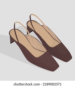 Vector flay image of women's shoes. Burgundy mules. Modern and comfortable shoes. Design for cards, backgrounds, posters, templates, textiles, banners