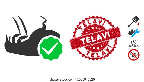 Vector flea control icon and distressed round stamp seal with Telavi text. Flat flea control icon is isolated on a white background. Telavi stamp seal uses red color and dirty design.