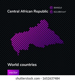 Vector flet map of Central African Republic in violet on black striped background. Educational banner