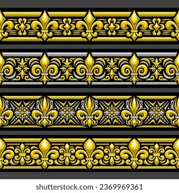 Vector Fleur de Lis Ornament, seamless borders with illustration of silver and yellow fleur de lis patterns, horizontal repeating border with ornate geometric ornament on dark background for divider