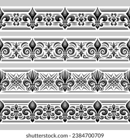 Vector Fleur de Lis Ornament, seamless borders with illustration of grey embroidery fleur de lis art patterns, horizontal repeat border with elegant monochrome ornament on white background for divider