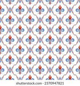 Vector Fleur de Lis Seamless Pattern, repeat background with illustrations of lattice pattern and fleur de lis in rhombus cells, square poster with red and blue french art ornament on white background