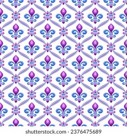 Patrón sin foco Vector Fleur de Lis, repetición de fondo con ilustraciones del patrón de diamante artístico y fleur de lis en celdas de cuadrícula, afiche cuadrado con ornamental azul brillante vivo sobre fondo blanco