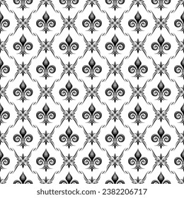 Vector Fleur de Lis Seamless Pattern, repeating background with illustrations of lattice pattern and fleur de lis symbols in rhombus cells, square poster with gray french ornament on white background