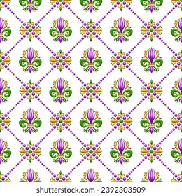 Vector Fleur de Lis Seamless Pattern, repeating background with illustrations of lattice pattern and green fleur de lis in rhombus cells, square poster with french purple ornament on white background