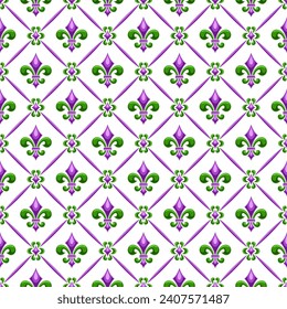 Vector Fleur de Lis Seamless Pattern, repeating background with illustrations of lattice pattern and green fleur de lis in rhombus cells, square poster with french purple ornament on white background