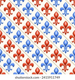 Vector Fleur de Lis Seamless Muster, wiederholen Sie Hintergrund mit Illustrationen von Mustern mit blauem und rotem Fleur de lis florieren für Packpapier, quadratisches Poster mit französischem Verzierung auf weißem Hintergrund