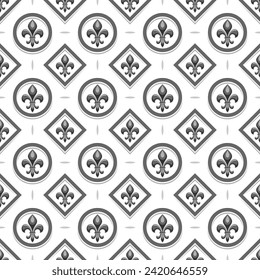 Vector Fleur de Lis Seamless Muster, wiederholter Hintergrund mit Illustrationen von Retro-Mustern mit schwarzem Fleur de lis in Kreis- und Rhombus-Zellen, quadratisches Poster mit französischem Verzierung auf weißem Hintergrund