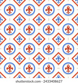 Vector Fleur de Lis Nahtloses Muster, wiederholter Hintergrund mit Illustrationen von Vintage-Muster mit Fleur de Lis im Kreis und Rhombus-Zellen, quadratisches Poster mit altem französischen Ornament auf weißem Hintergrund