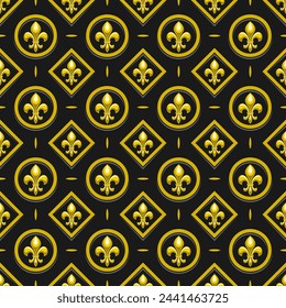 Vector Fleur de Lis Seamless Pattern, repeating background with illustrations of lattice pattern and gold fleur de lis in round and rhomb cells, square poster with french ornament on dark background