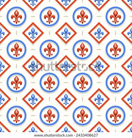 Vector Fleur de Lis Seamless Pattern, repeat background with illustrations of vintage pattern with fleur de lis in circle and rhombus cells, square poster with old french ornament on white background