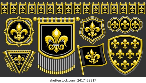 Vector Fleur de Lis Set, horizontaler Banner mit Sammlung von isolierten Illustrationen von verschiedenen schwarz-gelben Fleur de lis blüht, nahtlose Banner, Gruppe von Vintage dekorative Design-Elemente