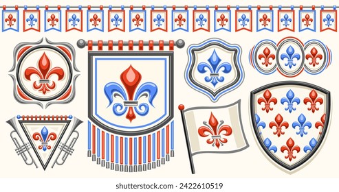 Vector Fleur de Lis set, horizontal banner with collection of cut out illustrations of different red and blue fleur de lis flourishes, seamless bunting, group of vintage decorative design elements