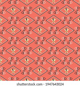 Vector fleur-de-lys diamond shape frames seamless pattern background. Rows of royal french lilies and decorative swirls. Vibrant coral red backdrop with ornate shapes. Geometric repeat for wellness