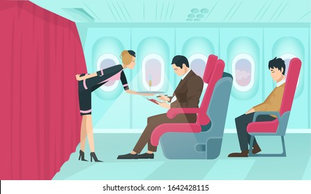 Vector of a flight attendant serving drinks to a first class passenger sitting on a comfortable armchair with economy class guy squeezed behind on board of the aircraft. 