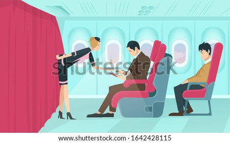 Vector of a flight attendant serving drinks to a first class passenger sitting on a comfortable armchair with economy class guy squeezed behind on board of the aircraft. 