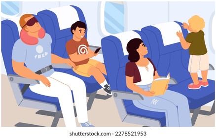 Vector flight passengers with children in plane illustration. People with kids traveling in aircraft economy class. Plane interior with sleeping man, reading woman and playing infant toddler