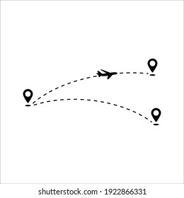 Vector flight path of an aircraft from one point to another airport. Dotted line with aircraft silhouette and direction of travel on white background. color editable eps 10