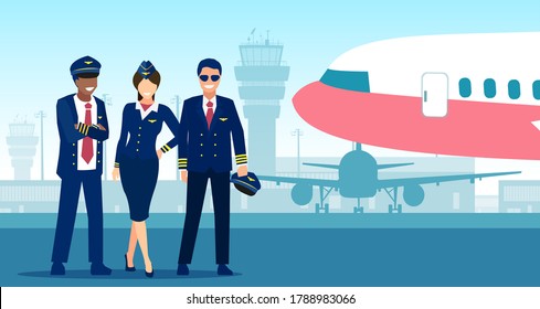 Vector of a flight team pilot, capitan and steward standing on a airplane background 