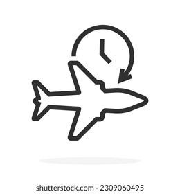 Vector flight time icon. Travel plane silhouette logo. Timerbair plane icon isolated on white background clock with arrow elements for infographic web.