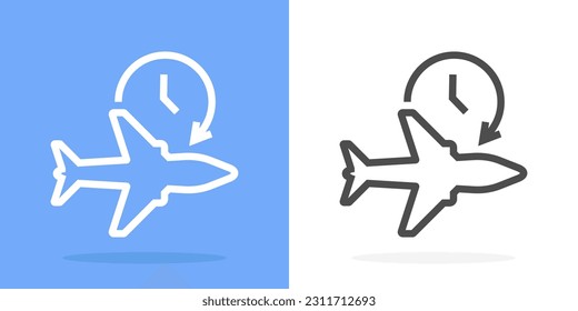 Vector flight time icon. Travel plane silhouette logo. Timerbair plane icon isolated on white background clock with arrow elements for infographic web.