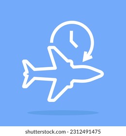 Vector flight time icon. Travel plane silhouette logo. Timerbair plane icon isolated on white background clock with arrow elements for infographic web.