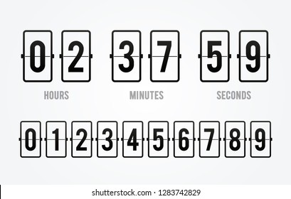 Vector flip board countdown clock counter timer. Scoreboard of hour, minutes and seconds for web page, upcoming event, under constuction page