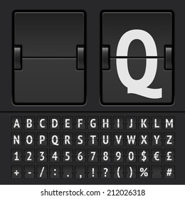 Vector flip board font. Realistic flip clock board airport template. Airport flip board alphabet and countdown numbers. Mechanical airport timetable font. Delayed airport flip board. Black scoreboard