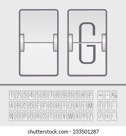 Vector flip board font. Realistic flip clock board airport template. Airport flip board alphabet and countdown numbers. Mechanical airport timetable font. Delayed airport flip board. White scoreboard