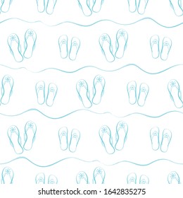 Vector flip flop shoe seamless vector pattern. Hand drawn line art style waves and sandals in aqua blue and white. Subtle beach sand background. Summer vacation and beach holiday concept