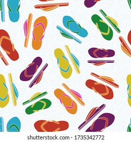 Vector Flip Flop Shoes in Red Purple Green Yellow Orange Blue on White Background Seamless Repeat Pattern. Background for textiles, cards, manufacturing, wallpapers, print, gift wrap and scrapbooking.