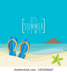 vector of flip flops slipper and starfish on sandy beach against blue sea and sky background. summer vacation concept