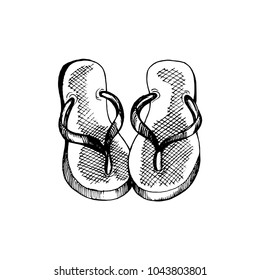 Vector flip-flops hand drawn illustration. Travel label. Beach emblem design.