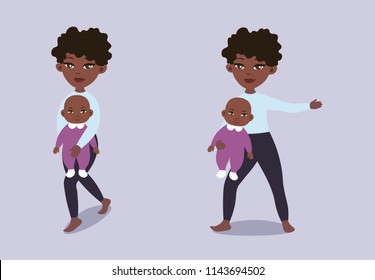 Vector fllat hand drawn illustration of an African american mom and baby doing yoga. Warrior 1 and 2  - baby yoga poses (Virabhadrasana 1 and 2). 