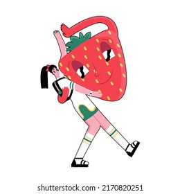 Vector float isolated illustration of girl is holding an enlarged strawberry, that giving five. Concept of fruits, berries. You can used element in stickers, postcard, web design, etc.