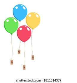 Vector of floating colorful balloons isolated on a white background with percent sale discounts paper tag