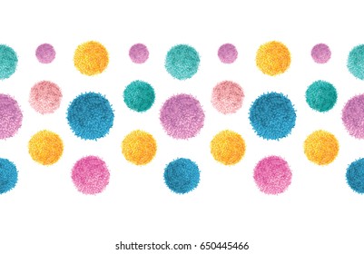 Vector Floating Colorful Birthday Party Pom Poms Set Horizontal Seamless Repeat Border Pattern. Great for handmade cards, invitations, wallpaper, packaging, nursery designs. Surface pattern design.