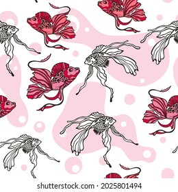 Vector floating fish seamless pattern. Graceful contour and colored fish on a background of pink spots. Design for printing on textiles, paper, packaging, wallpaper. 
