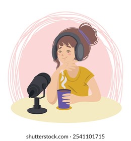 Vector flotante ilustración de una niña en un podcast con una taza de té caliente en auriculares y un micrófono, un presentador de radio. Desarrollo de personajes . Estilo de vida moderno. Hablamos de cosas importantes.