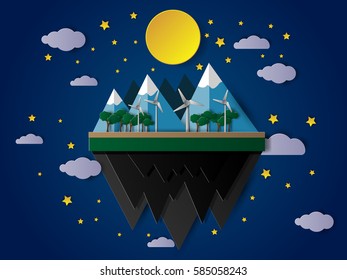 Vector Floating Island Landscape, paper art style. illustration