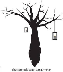 Vector Floating Magical Tree Lantern Fantasy Magic Nature Occult Icon Symbol With Flame Lit Candles