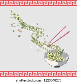 vector floating noodles on bowl with chopsticks  and chinese ornament