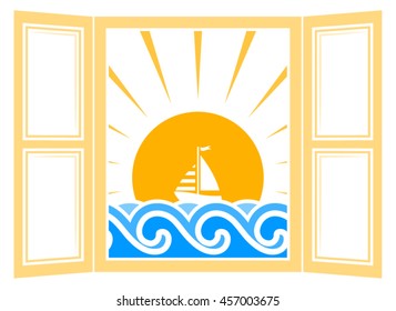 vector floating sailboat outside the window isolated on white background