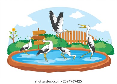Vector flock of storks on the lake. Illustration of fauna living in the wild. Storks looking for food on the lake with beautiful scenery background