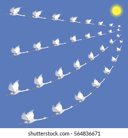 Vector Flock of White Geese. Wild Birds Fly on Blue Heaven Background. Seasonal Migration to Warmer Climes