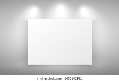 Vector floodlights. Scene. Light effects. Podium, Wall with picture. Vector illustration.
