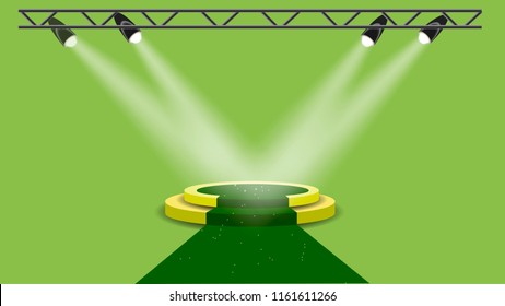 Vector floodlights.podium with a red carpet. Light effects. Podium