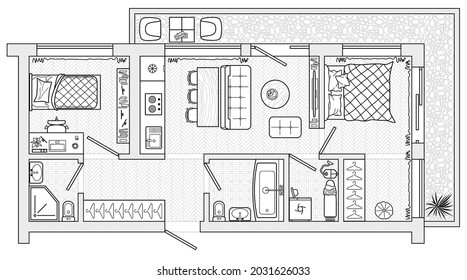 Vector Floor Plan. Architectural Project Of Interior House. Set Of Thin Line Icons For Top View Plans. Furniture And Elements For Living Room, Bedroom, Kitchen, Bathroom. Sketch Of Furniture Layout